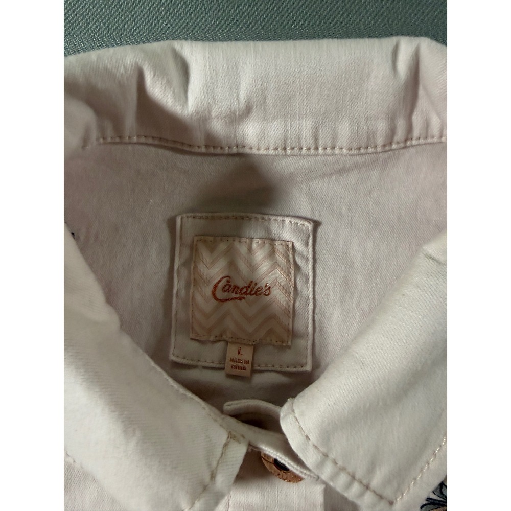 Candies Light Pink Denim Floral Embroidered Trucker Womens Large  1675 - Picture 3 of 8